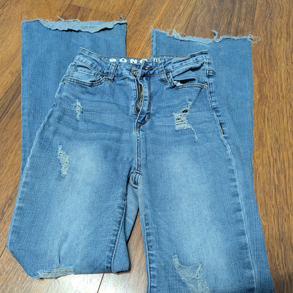 Blue Flare Wide Leg Jeans with Distressed and Ripped Details